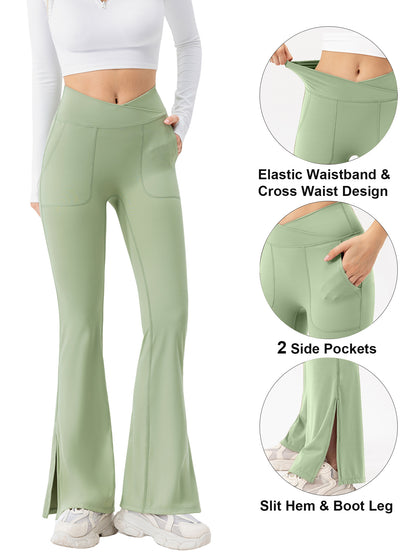 Hanerdun Women Yoga Pants Bootcut Workout Pant Slit Hem High Waist Bottoms Activewear