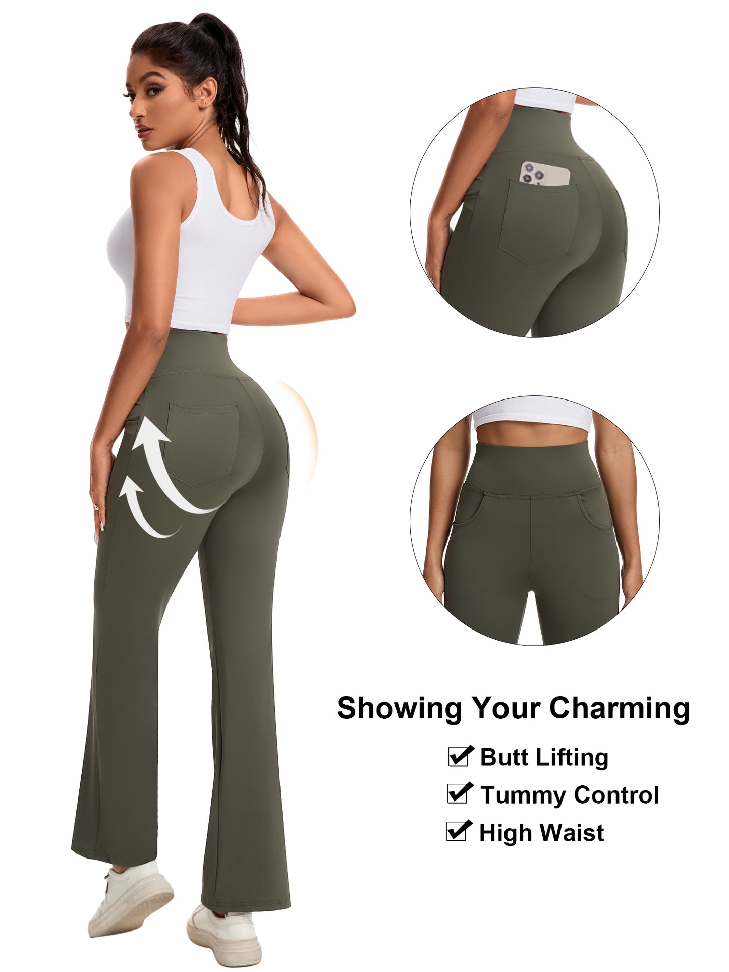 Hanerdun Yoga Pants for Women High Waist Bootcut Bottoms with Pockets Workout Activewear Bootleg Trousers