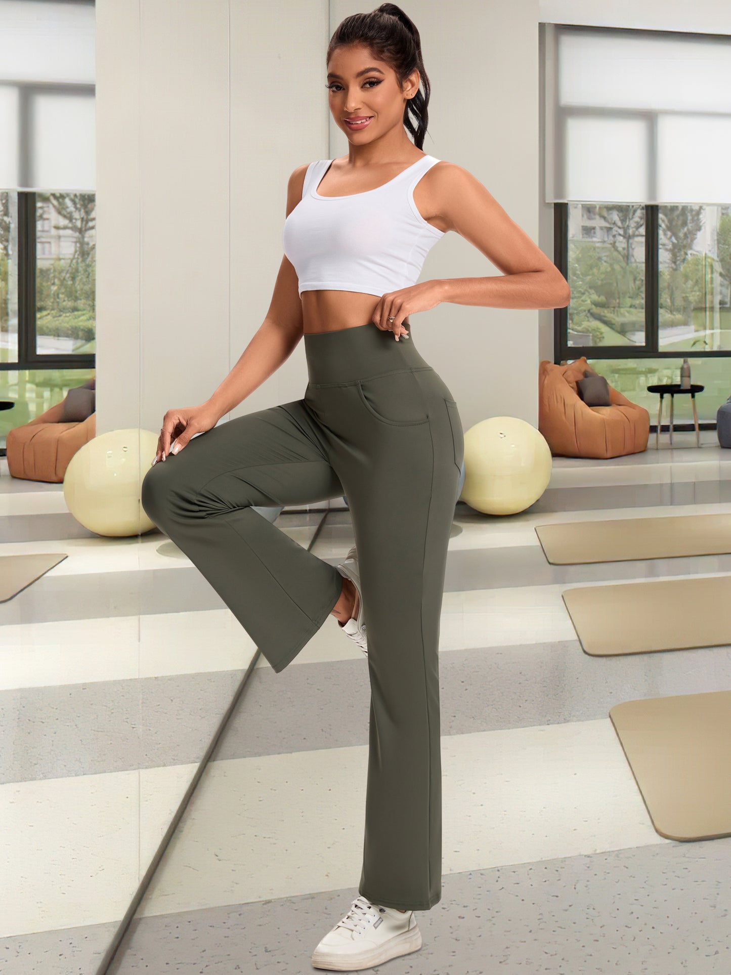 Hanerdun Yoga Pants for Women High Waist Bootcut Bottoms with Pockets Workout Activewear Bootleg Trousers