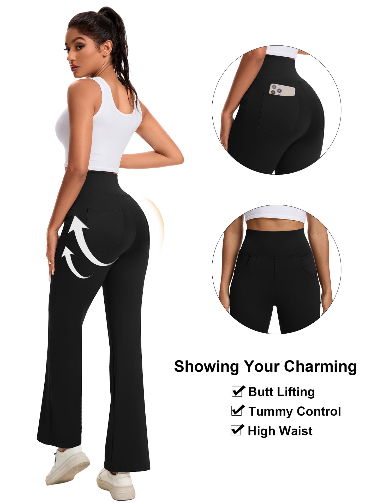 Hanerdun Yoga Pants for Women High Waist Bootcut Bottoms with Pockets Workout Activewear Bootleg Trousers