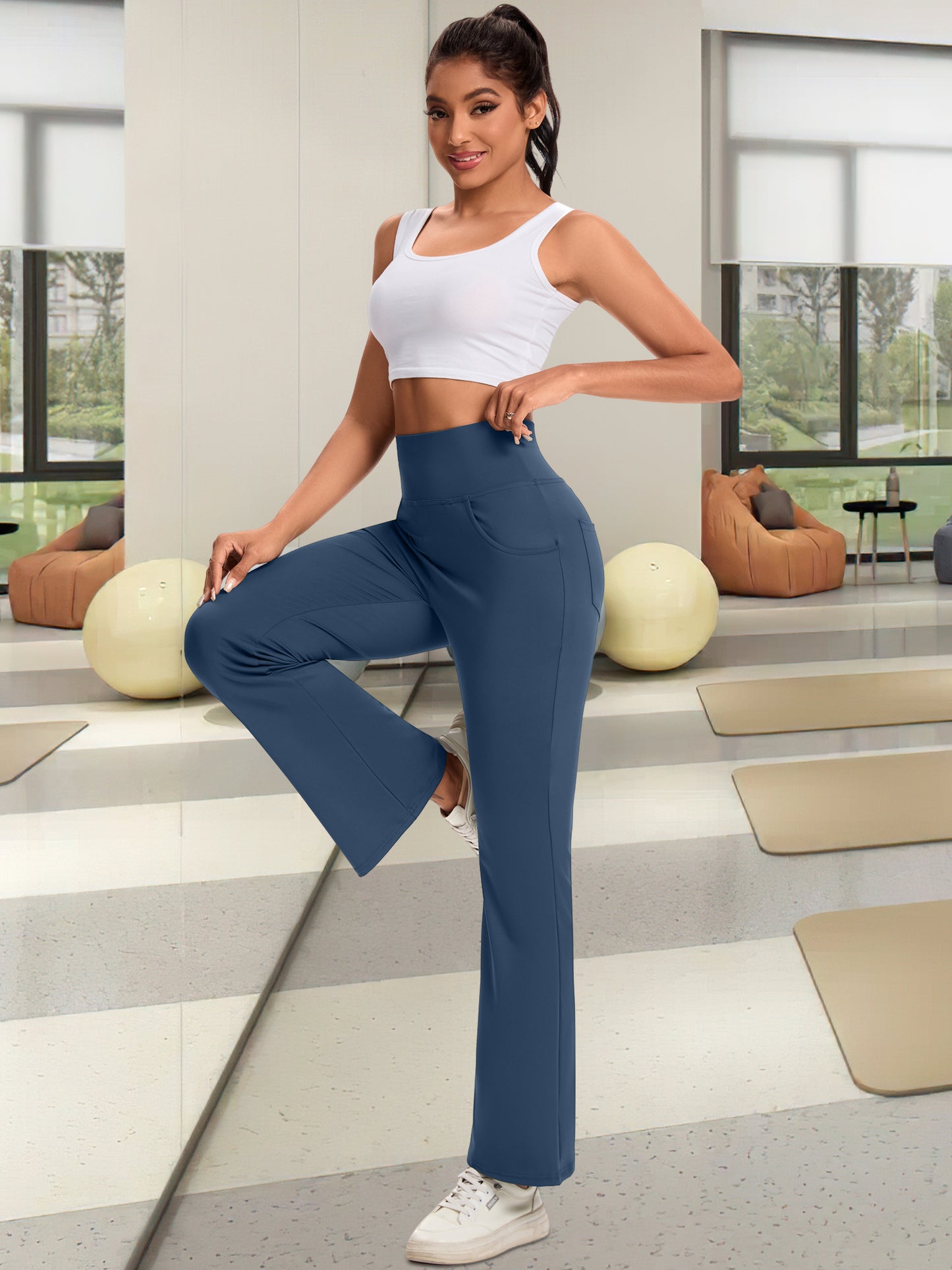 Hanerdun Yoga Pants for Women High Waist Bootcut Bottoms with Pockets Workout Activewear Bootleg Trousers