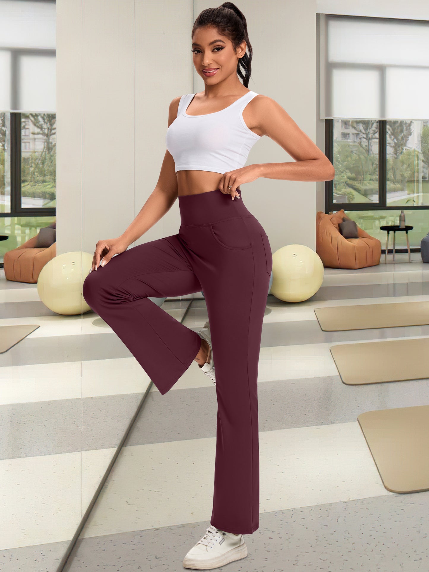 Hanerdun Yoga Pants for Women High Waist Bootcut Bottoms with Pockets Workout Activewear Bootleg Trousers