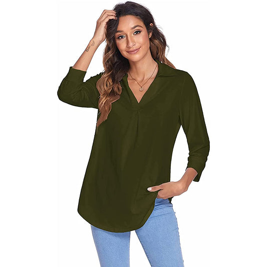Womens 3/4 Sleeve Shirts Collared V Neck Business Casual Tops Loose Work Blouses