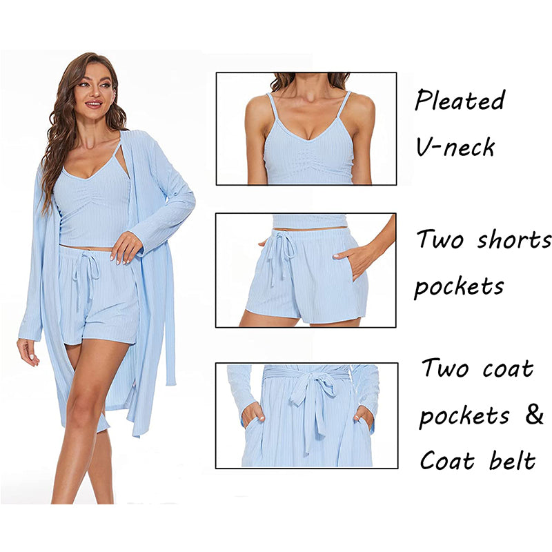 Women's 3 Piece Belted Lounge Set Pajama Set Crop Top Pocketed Shorts Cardigan Cami and Shorts Robe Set