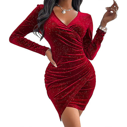 HANERDUN Women's Long Sleeve Glitter Mini Wrap Dress V Neck Velvet Bodycon Ruched Cocktail Party Dresses