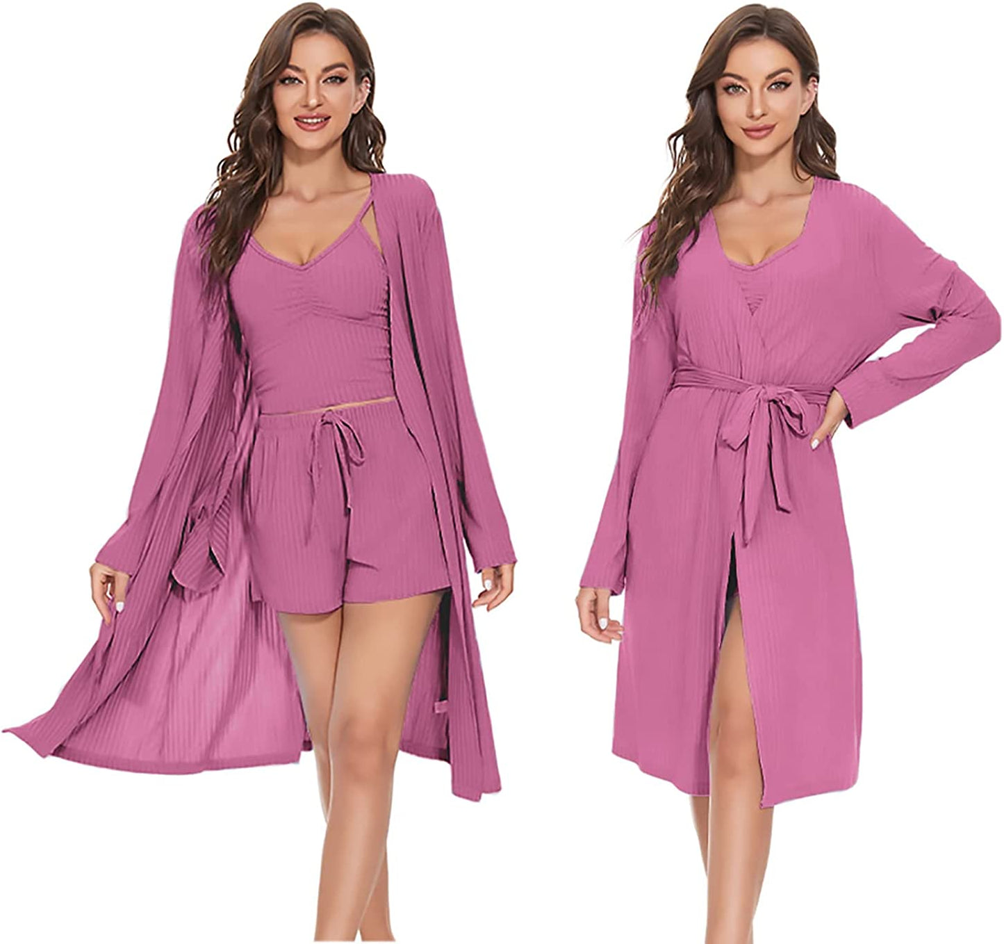 Women's 3 Piece Belted Lounge Set Pajama Set Crop Top Pocketed Shorts Cardigan Cami and Shorts Robe Set
