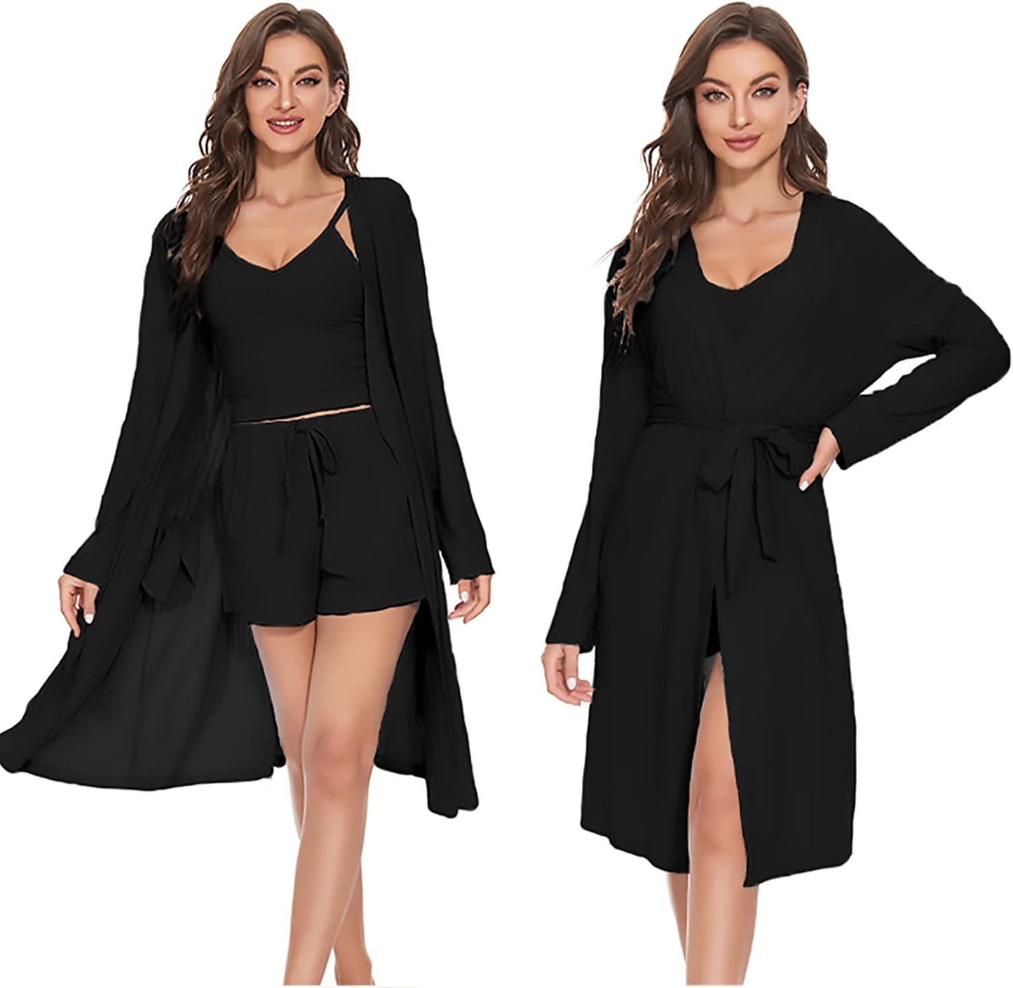 Women's 3 Piece Belted Lounge Set Pajama Set Crop Top Pocketed Shorts Cardigan Cami and Shorts Robe Set