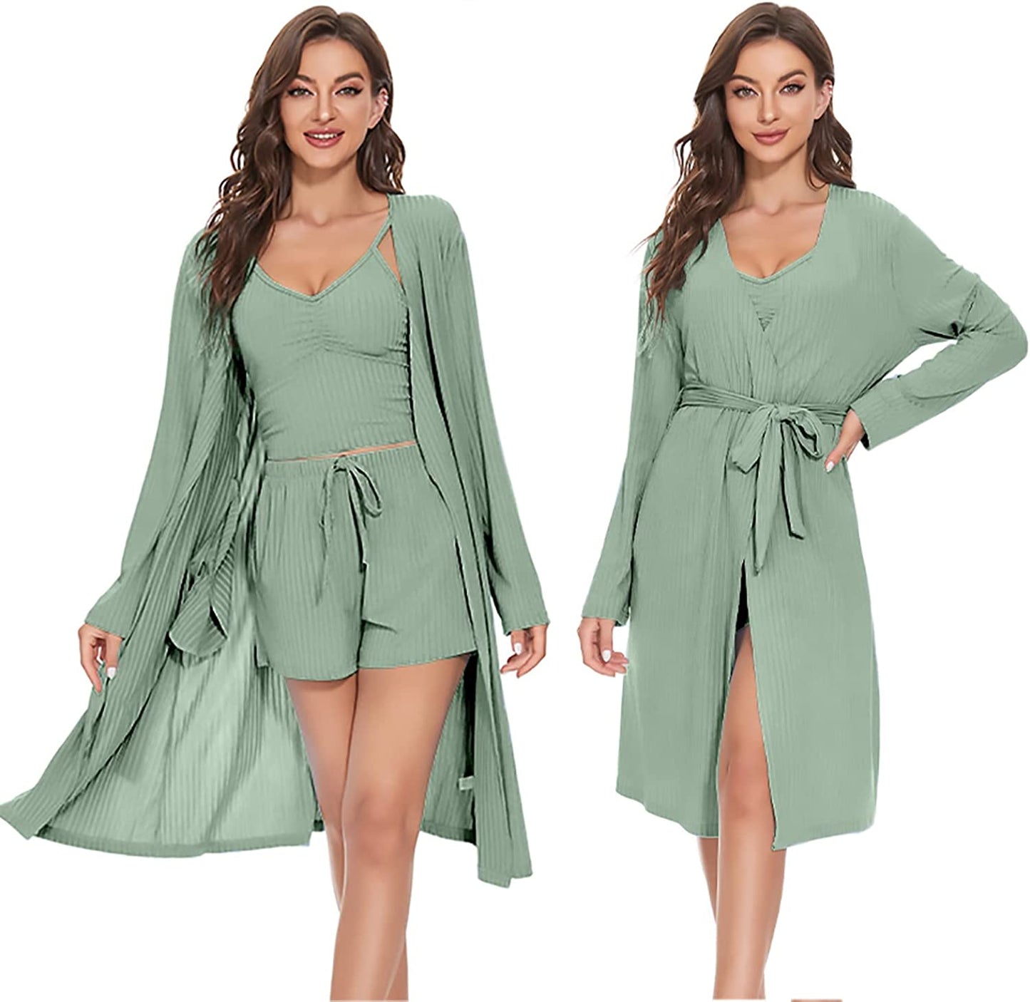 Women's 3 Piece Belted Lounge Set Pajama Set Crop Top Pocketed Shorts Cardigan Cami and Shorts Robe Set