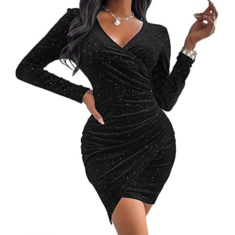 HANERDUN Women's Long Sleeve Glitter Mini Wrap Dress V Neck Velvet Bodycon Ruched Cocktail Party Dresses