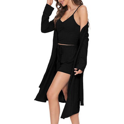 Women's 3 Piece Belted Lounge Set Pajama Set Crop Top Pocketed Shorts Cardigan Cami and Shorts Robe Set